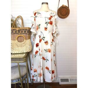 First Monday Floral Ruffle Lace Up Sleeve Midi Dress